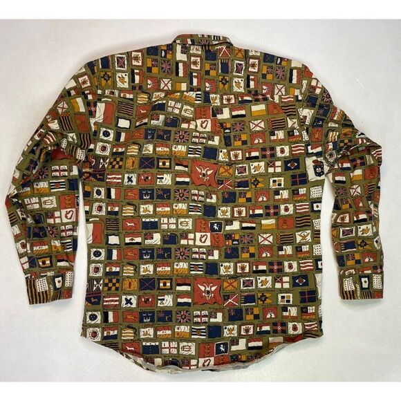 VINTAGE Calvin Klein All Over Flag Print Button Up Shirt Men XL Green 90s - Picture 4 of 6